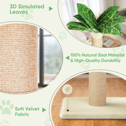 XiaZ Cat Scratching Post 34'' Tall, Durable Cat Scratch Tree Tower for Indoor Kitty with Extra Wide 15.8" Stable Base & 2 Toy Balls, Natural Sisal & Plush Fabric for Small, Medium Cats (Green, 2.8in)