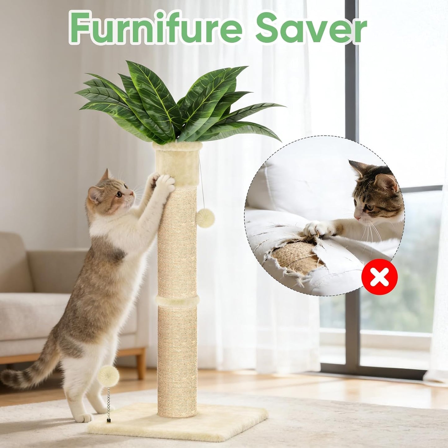 XiaZ Cat Scratching Post 34'' Tall, Durable Cat Scratch Tree Tower for Indoor Kitty with Extra Wide 15.8" Stable Base & 2 Toy Balls, Natural Sisal & Plush Fabric for Small, Medium Cats (Green, 2.8in)