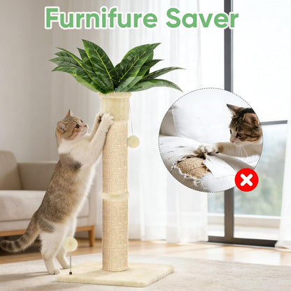XiaZ Cat Scratching Post 34'' Tall, Durable Cat Scratch Tree Tower for Indoor Kitty with Extra Wide 15.8" Stable Base & 2 Toy Balls, Natural Sisal & Plush Fabric for Small, Medium Cats (Green, 2.8in)