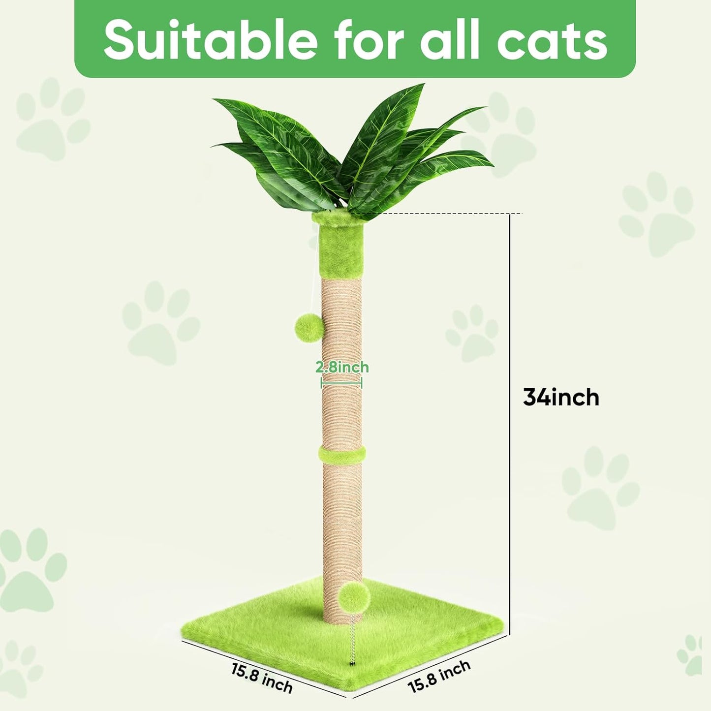 XiaZ Cat Scratching Post 34'' Tall, Durable Cat Scratch Tree Tower for Indoor Kitty with Extra Wide 15.8" Stable Base & 2 Toy Balls, Natural Sisal & Plush Fabric for Small, Medium Cats (Green, 2.8in)