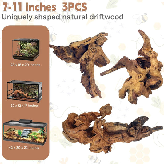 Natural Driftwood for Aquarium Decor Fish Tank Decorations Reptile Decor Driftwood Decor, 3 Pieces 7"-11" Assorted Driftwood Branch