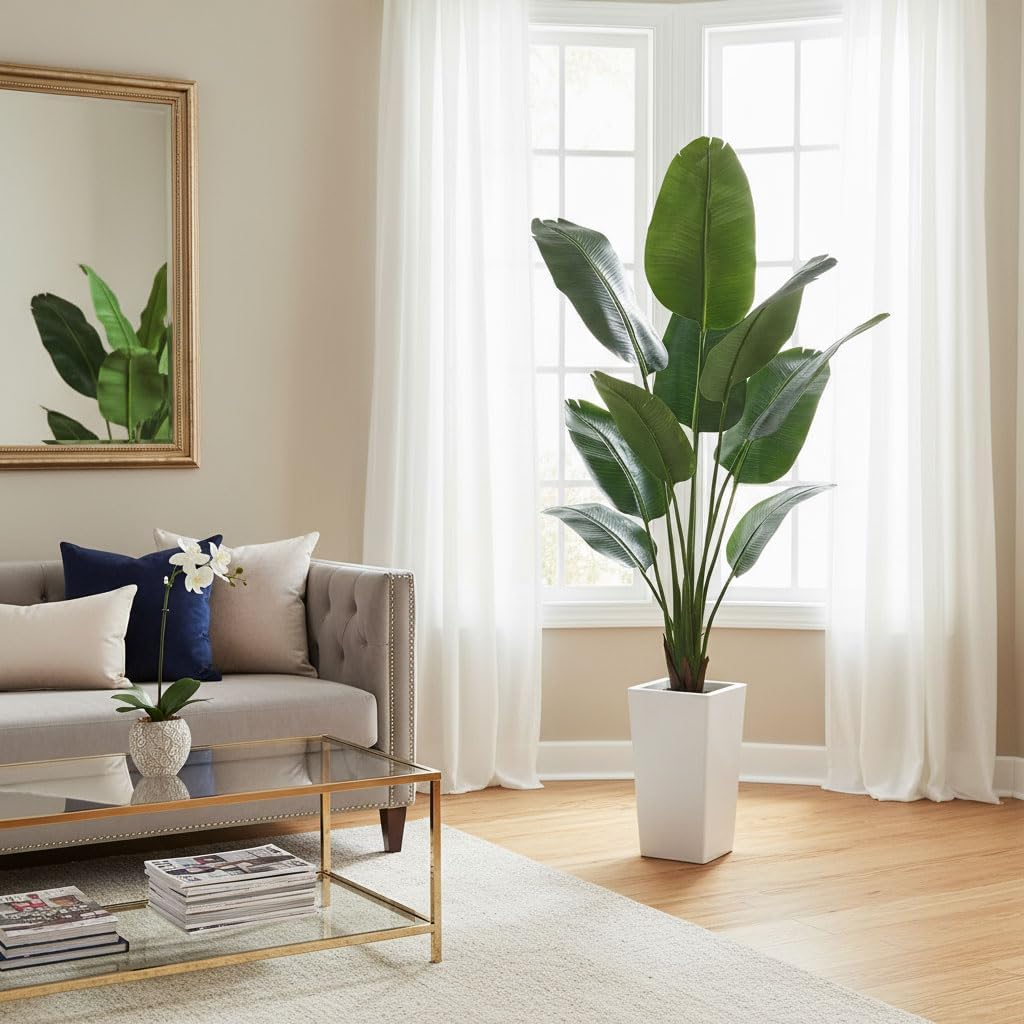 6ft Artificial Bird of Paradise Tree for Home Decor, 6 Feet Faux Floor Plant Fake Silk Banana Leaf Tropical Trees with Pot for Indoor Outdoor House Living Room (6 ft Tall Including Raised Pot)