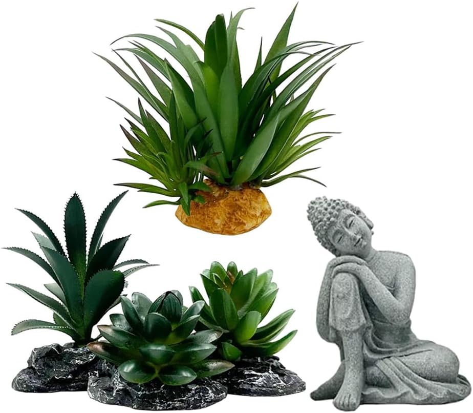 Reptile Artificial Plants Succulent Terrarium Decorative Desert Rainforest Plant Lizard Beard Chameleon Gecko Snake Amphibious Sea Turtle Tank Accessory (Agave-Set)