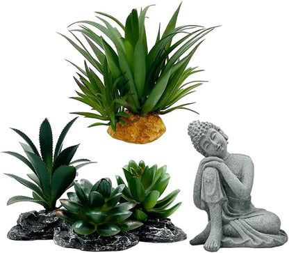 Reptile Artificial Plants Succulent Terrarium Decorative Desert Rainforest Plant Lizard Beard Chameleon Gecko Snake Amphibious Sea Turtle Tank Accessory (Agave-Set)