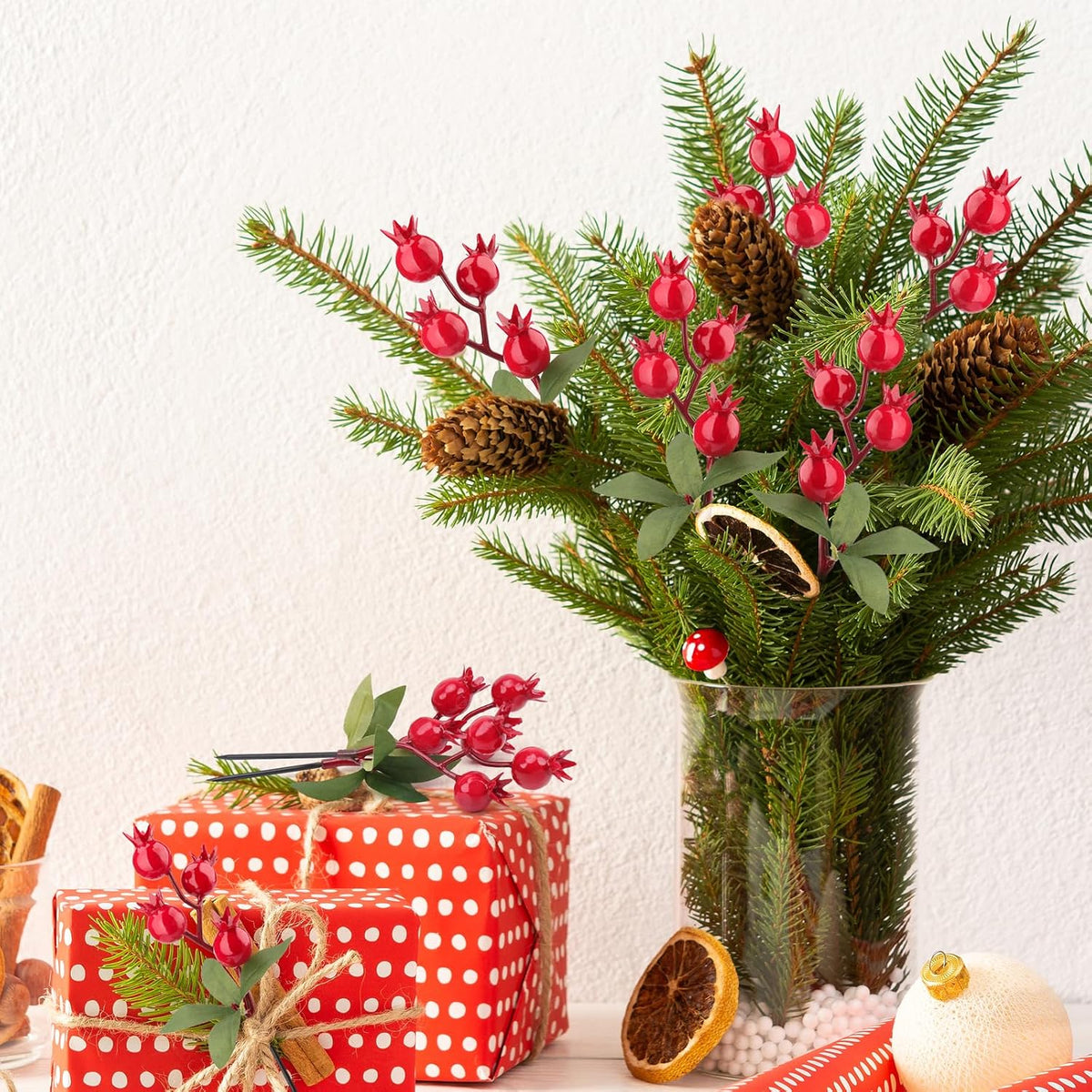 10pcs Artificial Red Pomegranate Berries Stems Branches - 7"