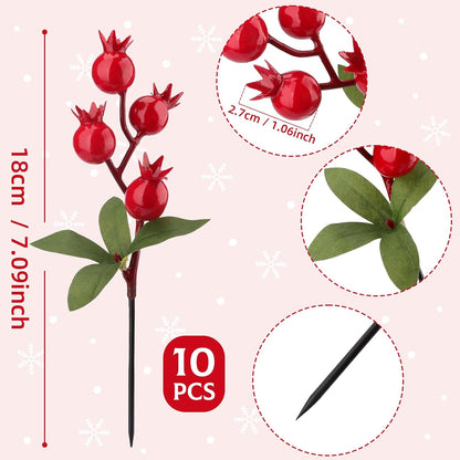 10pcs Artificial Red Pomegranate Berries Stems Branches - 7"