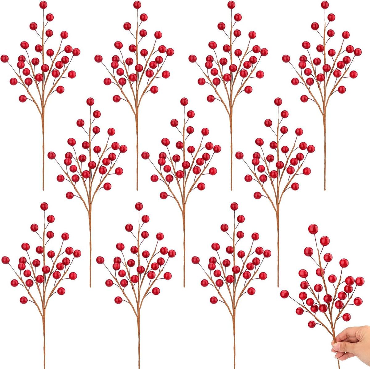 10pcs Artificial Red Pomegranate Berries Stems Branches - 7"