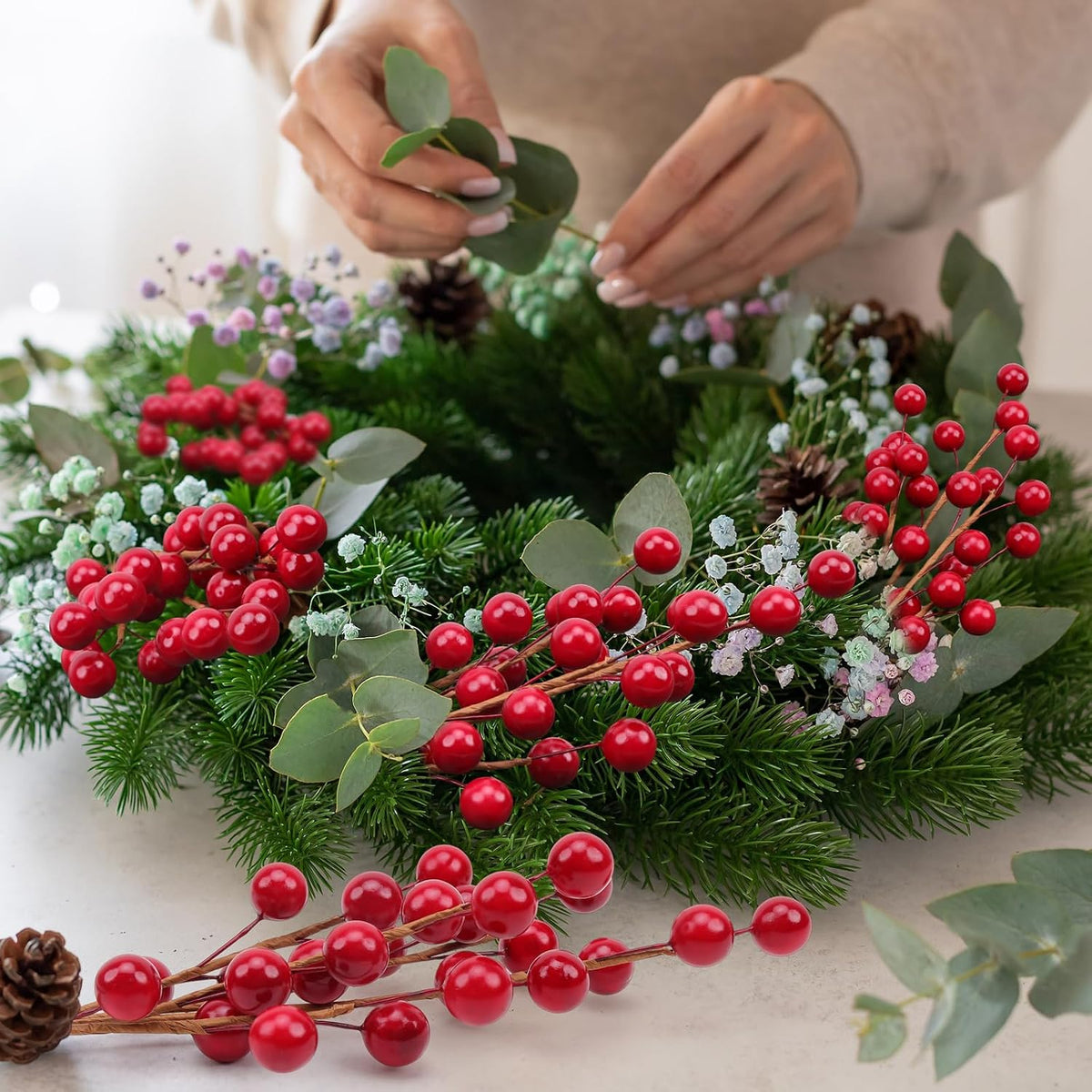 10pcs Artificial Red Pomegranate Berries Stems Branches - 7"