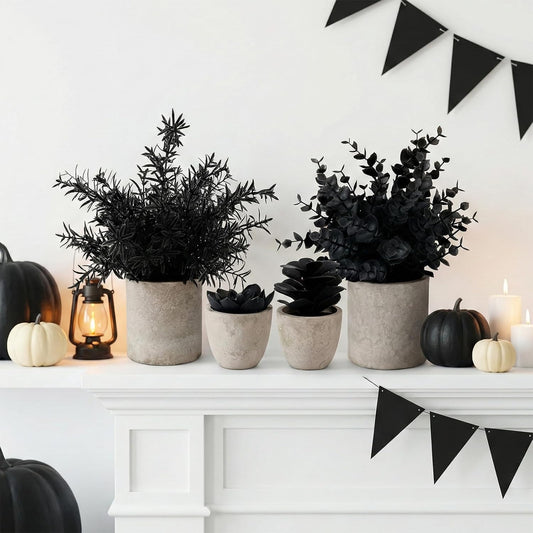 4 Packs Fake Plants Small Artificial Plants Black Eucalyptus Rosemary Succulents Potted Plants, Halloween Gothic Dark Faux Greenery for Home Indoor Office Bathroom Living Room Tabletop Decor