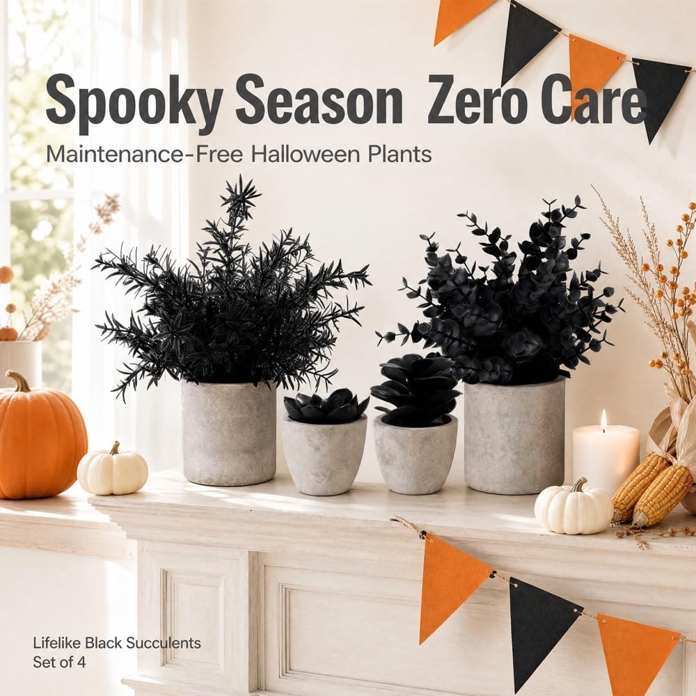 4 Packs Fake Plants Small Artificial Plants Black Eucalyptus Rosemary Succulents Potted Plants, Halloween Gothic Dark Faux Greenery for Home Indoor Office Bathroom Living Room Tabletop Decor