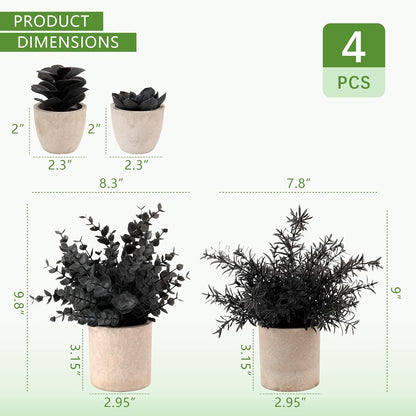 4 Packs Fake Plants Small Artificial Plants Black Eucalyptus Rosemary Succulents Potted Plants, Halloween Gothic Dark Faux Greenery for Home Indoor Office Bathroom Living Room Tabletop Decor