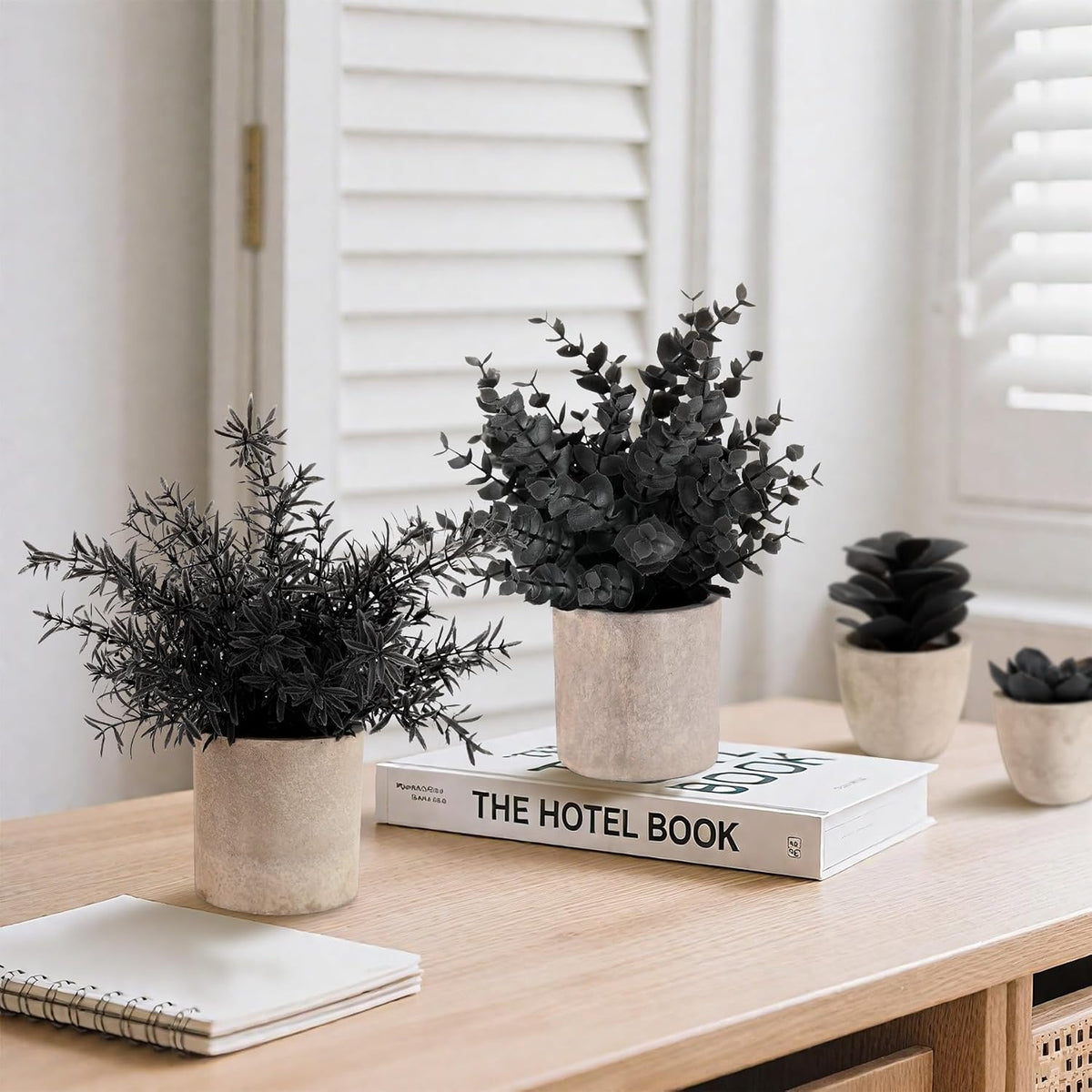 4 Packs Fake Plants Small Artificial Plants Black Eucalyptus Rosemary Succulents Potted Plants, Halloween Gothic Dark Faux Greenery for Home Indoor Office Bathroom Living Room Tabletop Decor