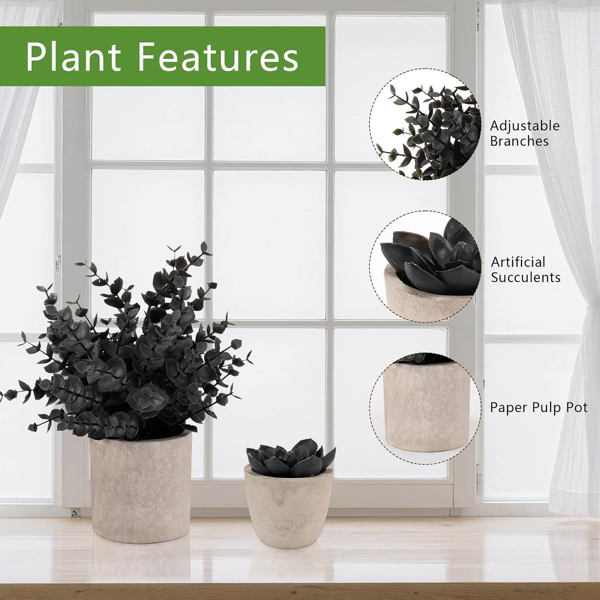 4 Packs Fake Plants Small Artificial Plants Black Eucalyptus Rosemary Succulents Potted Plants, Halloween Gothic Dark Faux Greenery for Home Indoor Office Bathroom Living Room Tabletop Decor