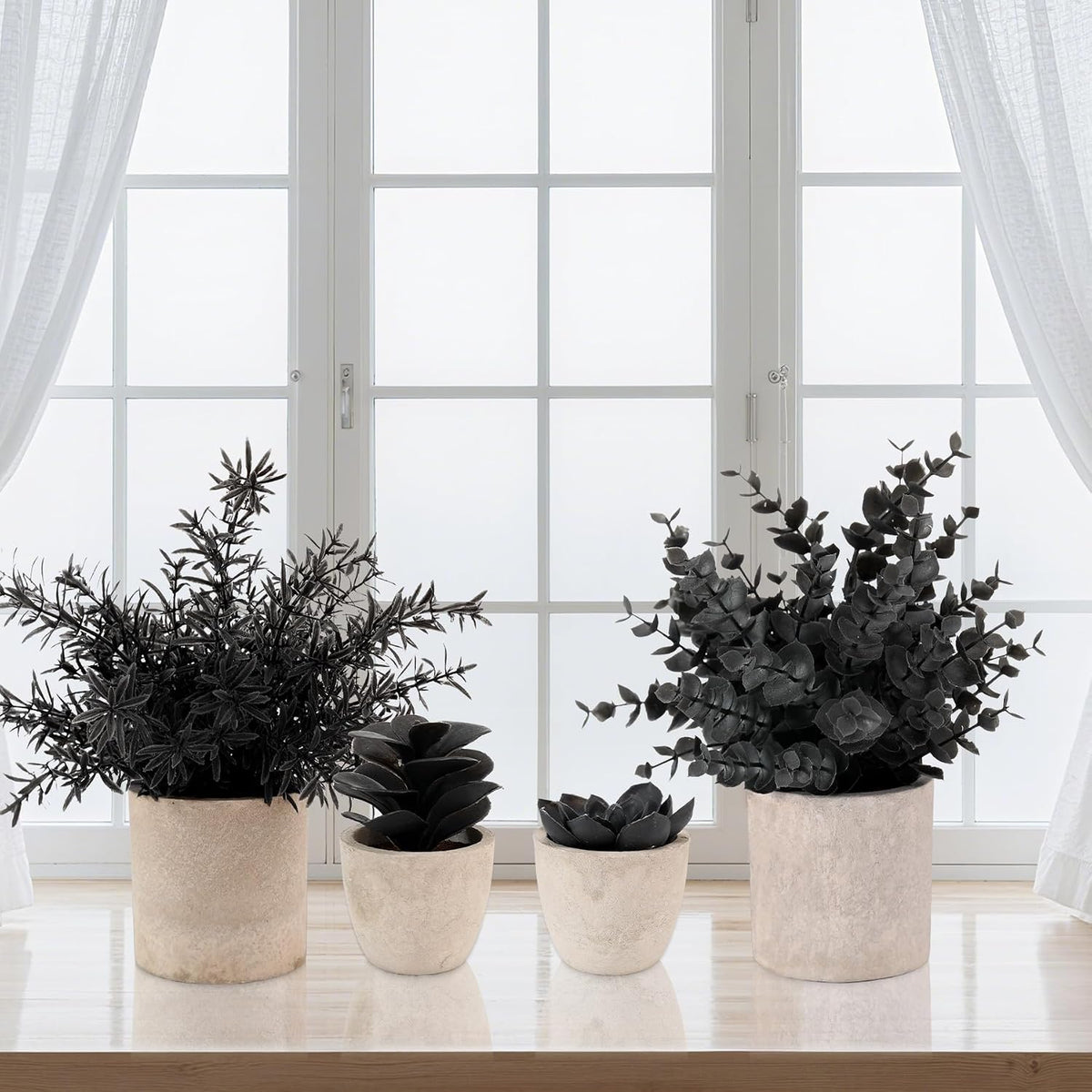 4 Packs Fake Plants Small Artificial Plants Black Eucalyptus Rosemary Succulents Potted Plants, Halloween Gothic Dark Faux Greenery for Home Indoor Office Bathroom Living Room Tabletop Decor