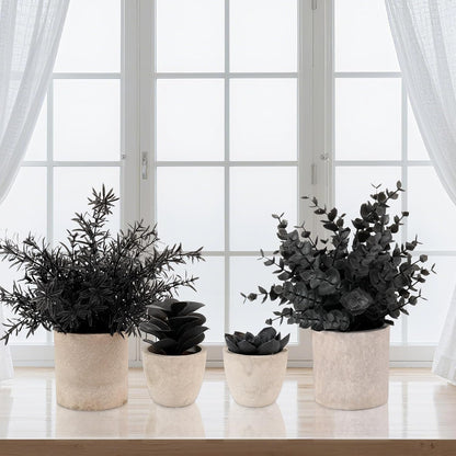 4 Packs Fake Plants Small Artificial Plants Black Eucalyptus Rosemary Succulents Potted Plants, Halloween Gothic Dark Faux Greenery for Home Indoor Office Bathroom Living Room Tabletop Decor