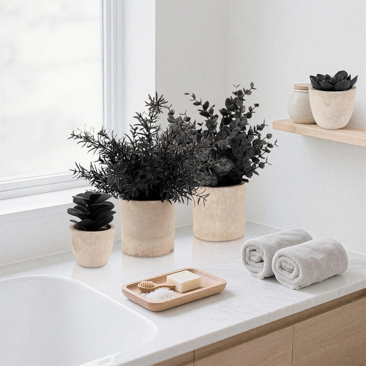 4 Packs Fake Plants Small Artificial Plants Black Eucalyptus Rosemary Succulents Potted Plants, Halloween Gothic Dark Faux Greenery for Home Indoor Office Bathroom Living Room Tabletop Decor