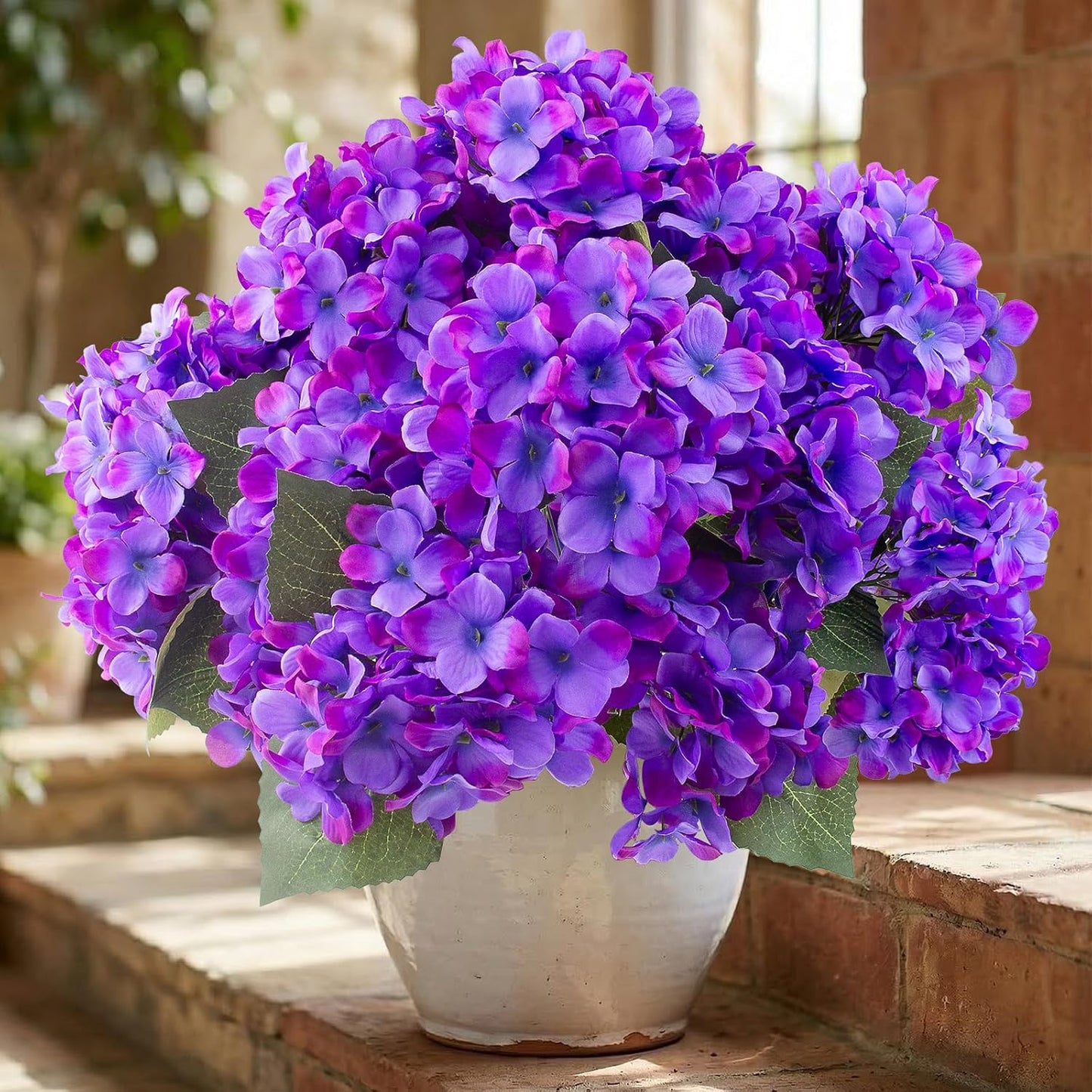 Daynight 4 Pcs Hydrangea Artificial Flowers Outdoor Silk Bouquets, UV Resistant Faux Hydrangeas Flowers for Table Vase Centerpieces Outside Party Wedding Baby Shower Home Outdoor Decor (4, White)