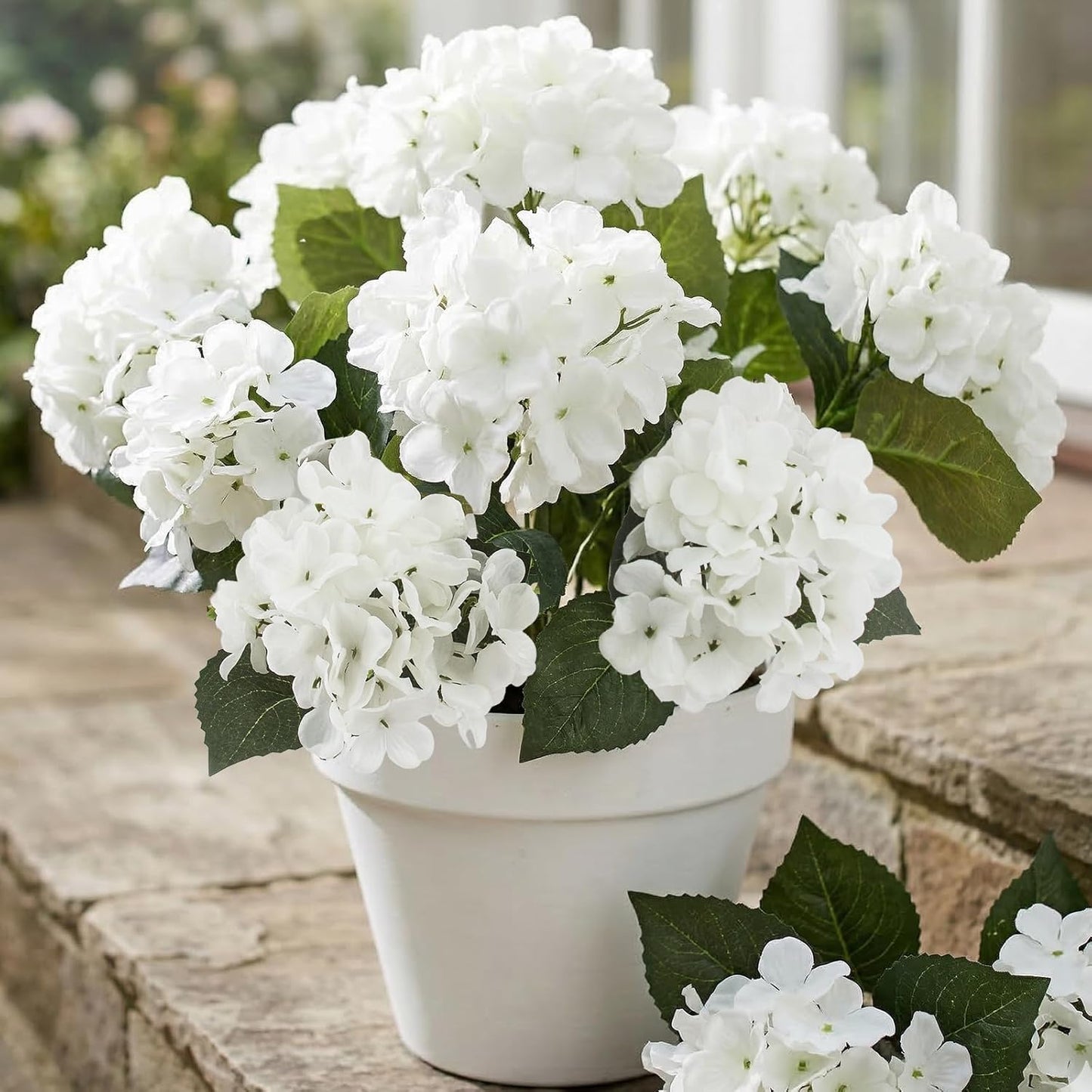 Daynight 4 Pcs Hydrangea Artificial Flowers Outdoor Silk Bouquets, UV Resistant Faux Hydrangeas Flowers for Table Vase Centerpieces Outside Party Wedding Baby Shower Home Outdoor Decor (4, White)