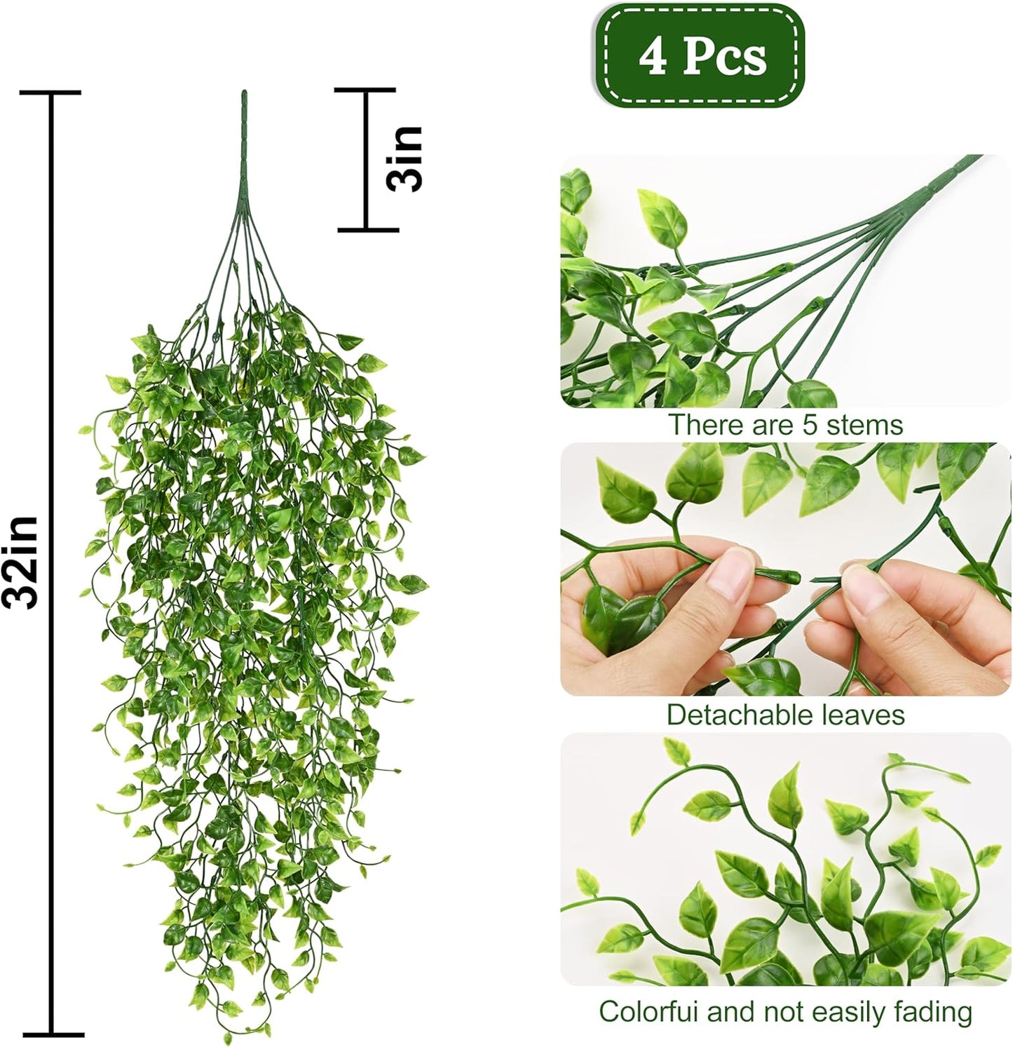4Pcs Fake Hanging Plants 2.7FT Fake Plants Fake Vines Greenery | UV Resistant Faux Outdoor Plants Ivy Vines for Modern Boho Patio Outdoor Indoor Party Wall Porch Gazebo Aesthetic Decor