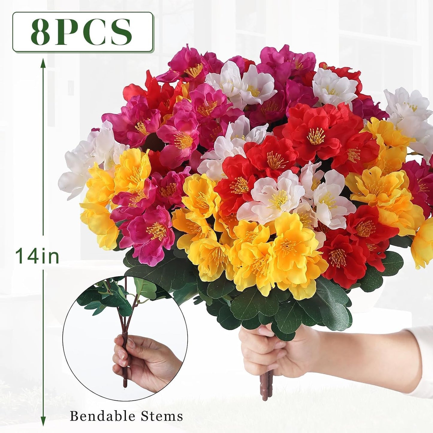8 Bundles 14"Artificial Camellia, Fake Silk Bouquet Flowers(Rose Red) | Full and Vibrant, Faux Flower Stems, Realistic Greenery, for Front Door/Garden/Farmhouse/Outdoor/Home/Spring/Summer Decor