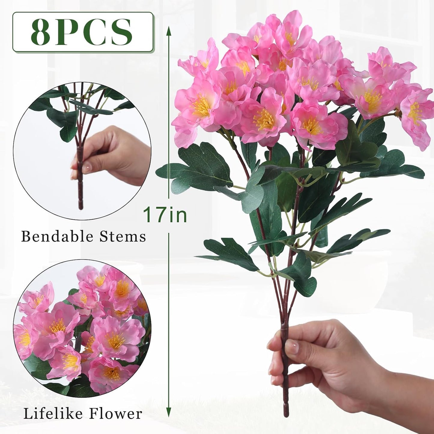 8 Bundles 14"Artificial Camellia, Fake Silk Bouquet Flowers(Rose Red) | Full and Vibrant, Faux Flower Stems, Realistic Greenery, for Front Door/Garden/Farmhouse/Outdoor/Home/Spring/Summer Decor