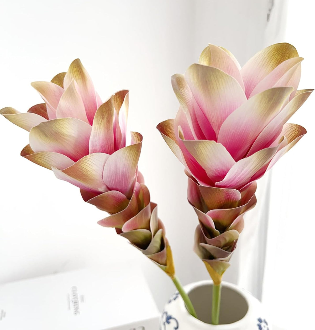 2Pcs 24" Artificial Ginger Lily Stem Fake Bromeliad Flowers Ginger Lotus