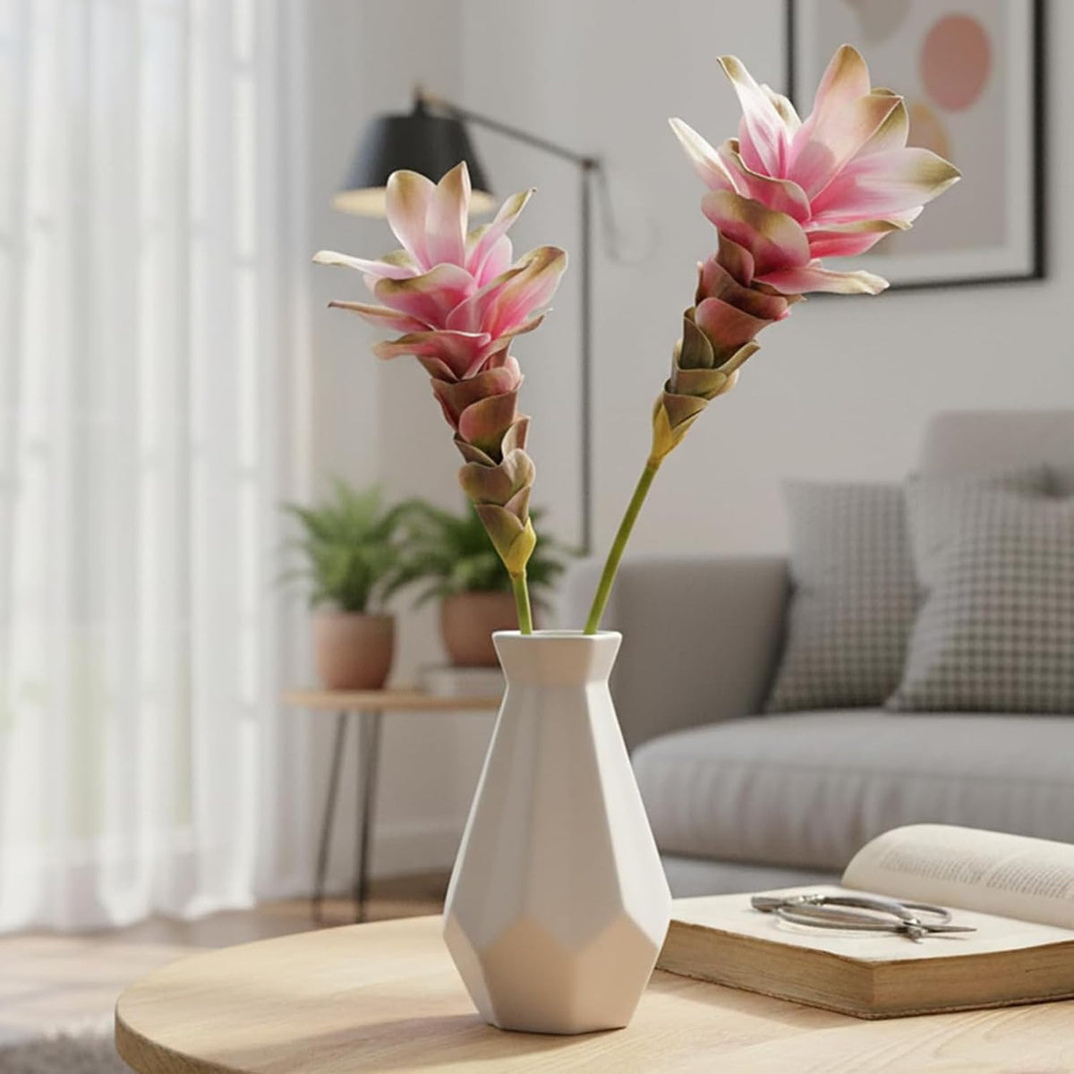 2Pcs 24" Artificial Ginger Lily Stem Fake Bromeliad Flowers Ginger Lotus