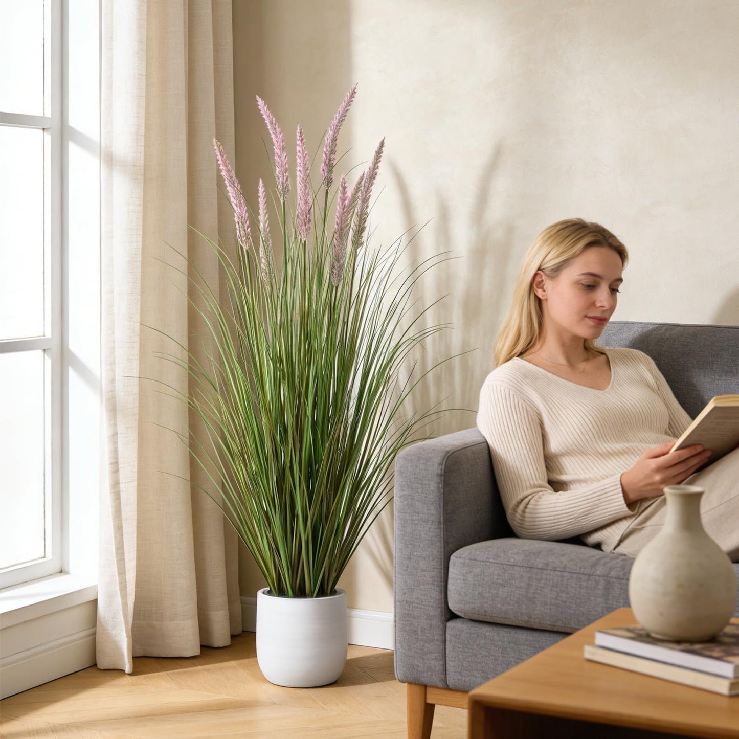 Artificial Cattail Grass 4FT-2 Set, 48" Fake Outdoor Indoor Plants | Lifelike Faux Tall Reed Onion Grass in Weighted Pot, Zero-Care, Decor for Home/Office/Patio/Wedding/Hotel, Housewarming Gift