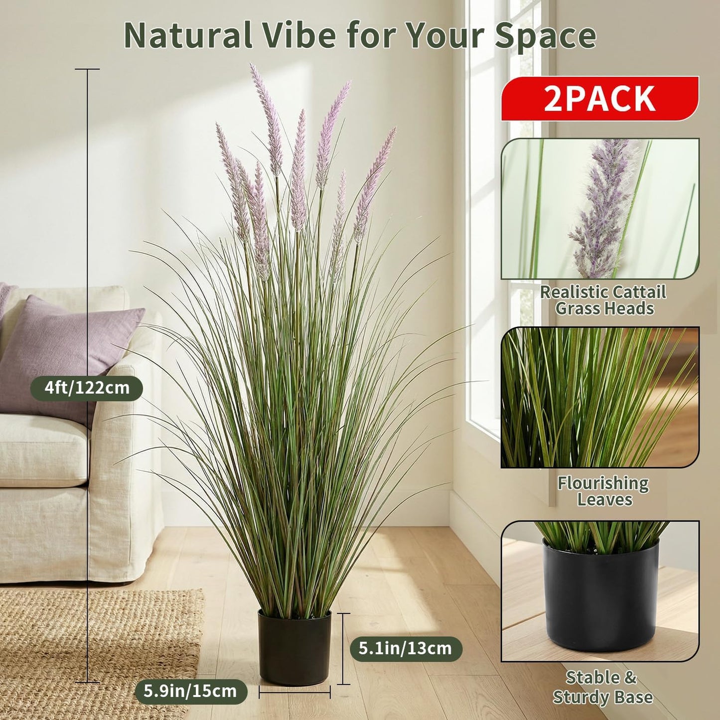 Artificial Cattail Grass 4FT-2 Set, 48" Fake Outdoor Indoor Plants | Lifelike Faux Tall Reed Onion Grass in Weighted Pot, Zero-Care, Decor for Home/Office/Patio/Wedding/Hotel, Housewarming Gift