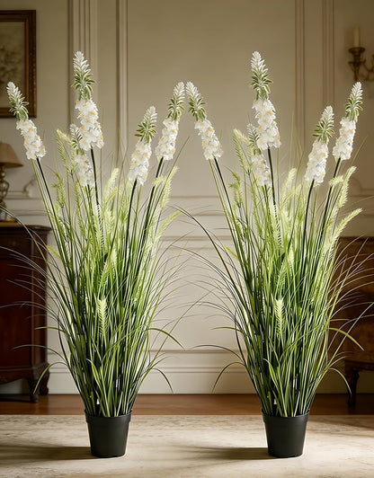 Artificial Cattail Grass 4FT-2 Set, 48" Fake Outdoor Indoor Plants | Lifelike Faux Tall Reed Onion Grass in Weighted Pot, Zero-Care, Decor for Home/Office/Patio/Wedding/Hotel, Housewarming Gift