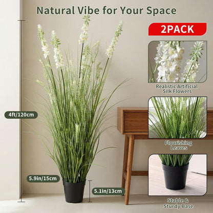 Artificial Cattail Grass 4FT-2 Set, 48" Fake Outdoor Indoor Plants | Lifelike Faux Tall Reed Onion Grass in Weighted Pot, Zero-Care, Decor for Home/Office/Patio/Wedding/Hotel, Housewarming Gift