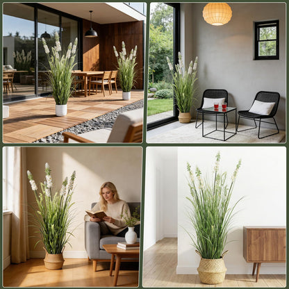 Artificial Cattail Grass 4FT-2 Set, 48" Fake Outdoor Indoor Plants | Lifelike Faux Tall Reed Onion Grass in Weighted Pot, Zero-Care, Decor for Home/Office/Patio/Wedding/Hotel, Housewarming Gift