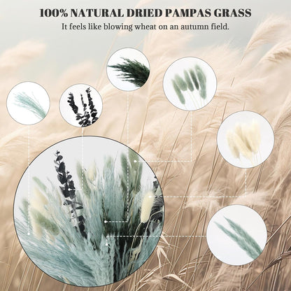 N&T NETING Dried Pampas Grass Decor- White Pampas Grass, Brown Pampas, Bunny Tail, Reed, Fluffy Dried Pompas Grass Flower for Home Wedding Table Vase Boho Modern Decor, 75Pcs