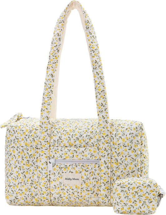 Top Zipper Floral Quilted Duffle Bag for Women, Yellow Quilted Small Floral Tote Bags with Coin Purse, Cute Cotton Shoulder Bag for Travel, Work, School