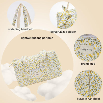 Top Zipper Floral Quilted Duffle Bag for Women, Yellow Quilted Small Floral Tote Bags with Coin Purse, Cute Cotton Shoulder Bag for Travel, Work, School