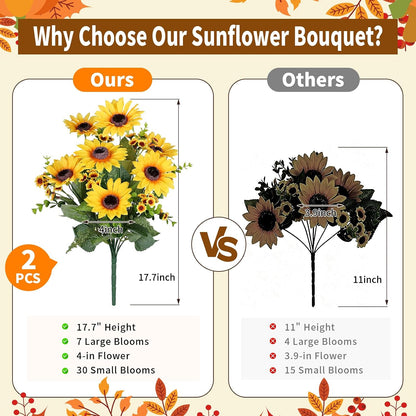 Artificial Sunflowers for Outdoors Fall Decor, 2 Bouquets
