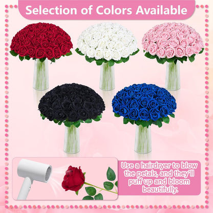 50 Pcs Red Roses Artificial Flowers, Real Touch Velvet Roses Bouquet Fake Flowers Bulk, Artificial Roses with Long Stems for Birthday Gift Women Mom DIY Bridal Wedding Centerpiece Decorations