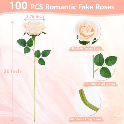 50 Pcs Red Roses Artificial Flowers, Real Touch Velvet Roses Bouquet Fake Flowers Bulk, Artificial Roses with Long Stems for Birthday Gift Women Mom DIY Bridal Wedding Centerpiece Decorations