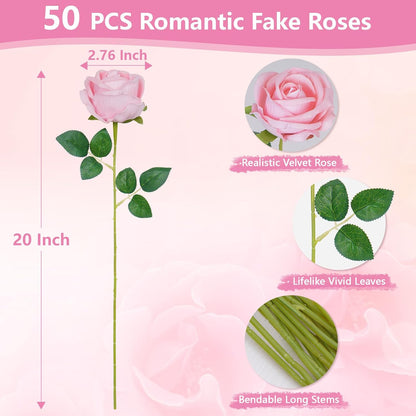 50 Pcs Red Roses Artificial Flowers, Real Touch Velvet Roses Bouquet Fake Flowers Bulk, Artificial Roses with Long Stems for Birthday Gift Women Mom DIY Bridal Wedding Centerpiece Decorations