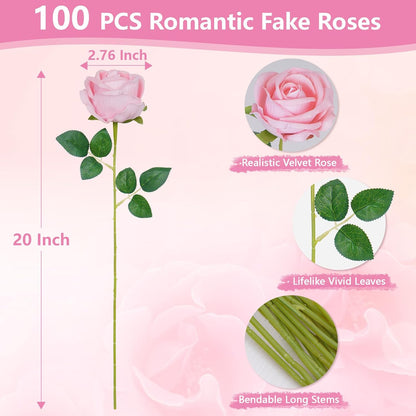 50 Pcs Red Roses Artificial Flowers, Real Touch Velvet Roses Bouquet Fake Flowers Bulk, Artificial Roses with Long Stems for Birthday Gift Women Mom DIY Bridal Wedding Centerpiece Decorations
