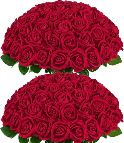 50 Pcs Red Roses Artificial Flowers, Real Touch Velvet Roses Bouquet Fake Flowers Bulk, Artificial Roses with Long Stems for Birthday Gift Women Mom DIY Bridal Wedding Centerpiece Decorations