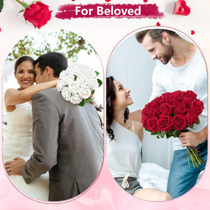 50 Pcs Red Roses Artificial Flowers, Real Touch Velvet Roses Bouquet Fake Flowers Bulk, Artificial Roses with Long Stems for Birthday Gift Women Mom DIY Bridal Wedding Centerpiece Decorations