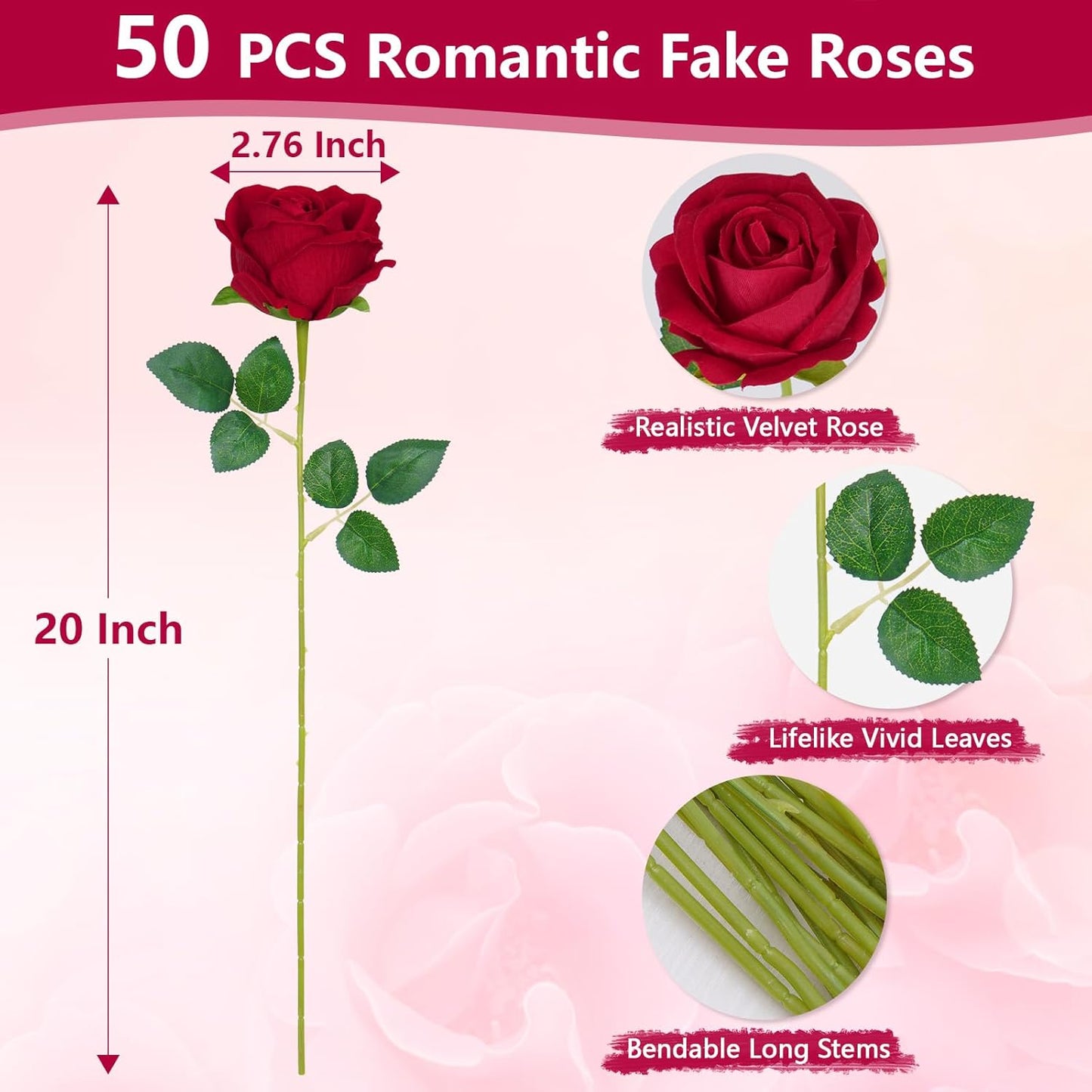 50 Pcs Red Roses Artificial Flowers, Real Touch Velvet Roses Bouquet Fake Flowers Bulk, Artificial Roses with Long Stems for Birthday Gift Women Mom DIY Bridal Wedding Centerpiece Decorations