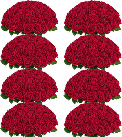 50 Pcs Red Roses Artificial Flowers, Real Touch Velvet Roses Bouquet Fake Flowers Bulk, Artificial Roses with Long Stems for Birthday Gift Women Mom DIY Bridal Wedding Centerpiece Decorations