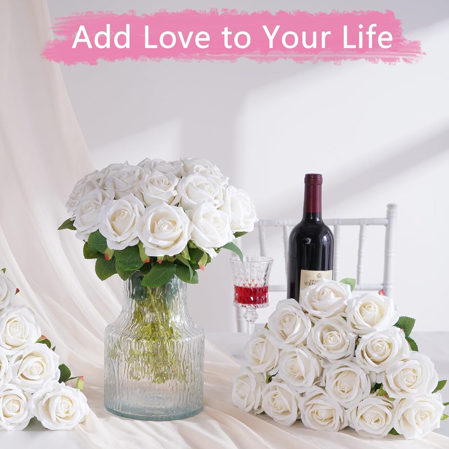 50 Pcs Red Roses Artificial Flowers, Real Touch Velvet Roses Bouquet Fake Flowers Bulk, Artificial Roses with Long Stems for Birthday Gift Women Mom DIY Bridal Wedding Centerpiece Decorations