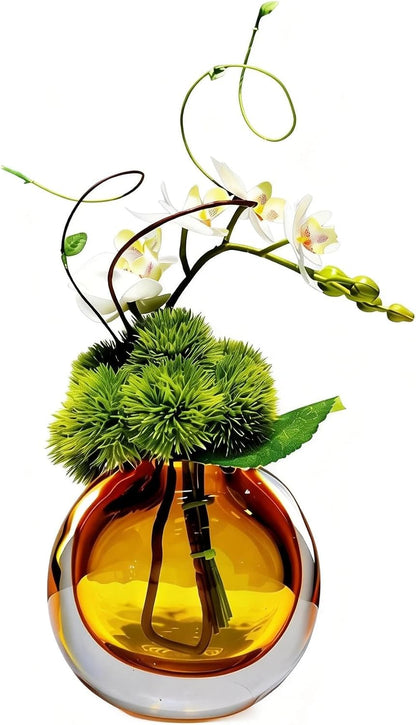 Artificial Orchids, White, in Translucent Bubble Glass Vase, Amber | Look Real, Realistic Appearance, Flower Arrangement