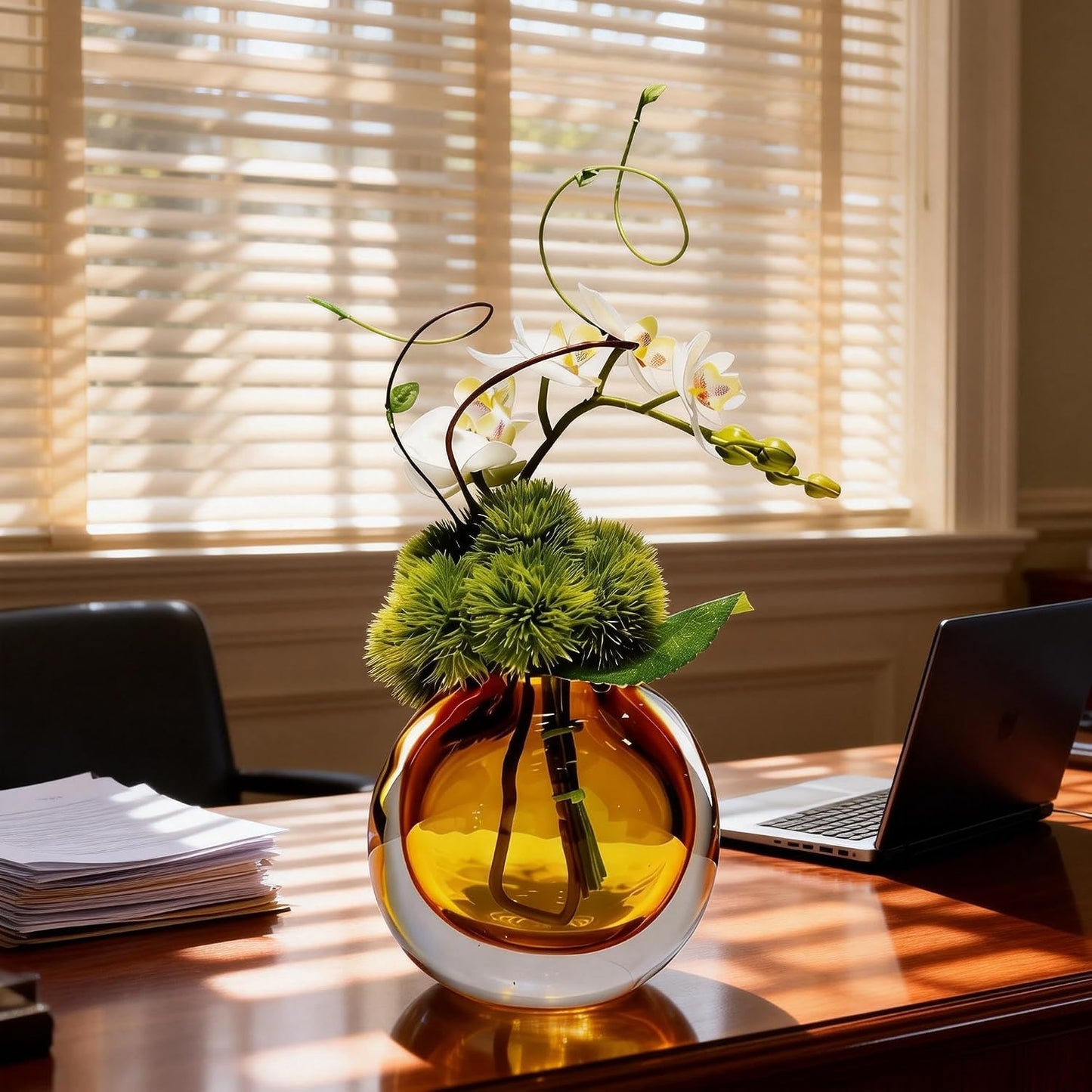 Artificial Orchids, White, in Translucent Bubble Glass Vase, Amber | Look Real, Realistic Appearance, Flower Arrangement