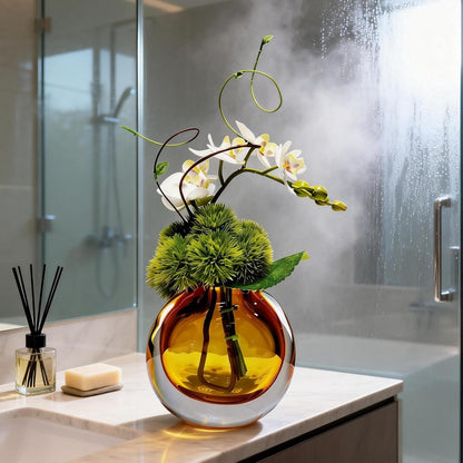 Artificial Orchids, White, in Translucent Bubble Glass Vase, Amber | Look Real, Realistic Appearance, Flower Arrangement
