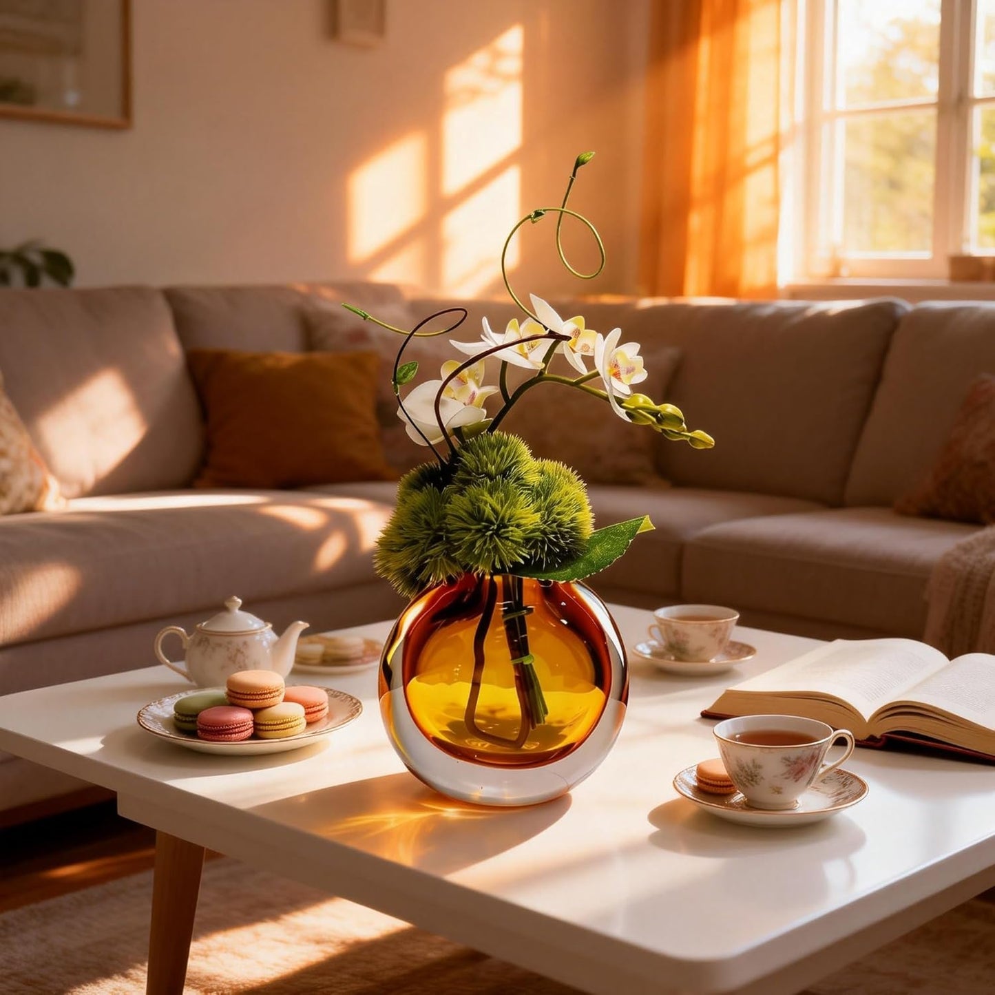 Artificial Orchids, White, in Translucent Bubble Glass Vase, Amber | Look Real, Realistic Appearance, Flower Arrangement