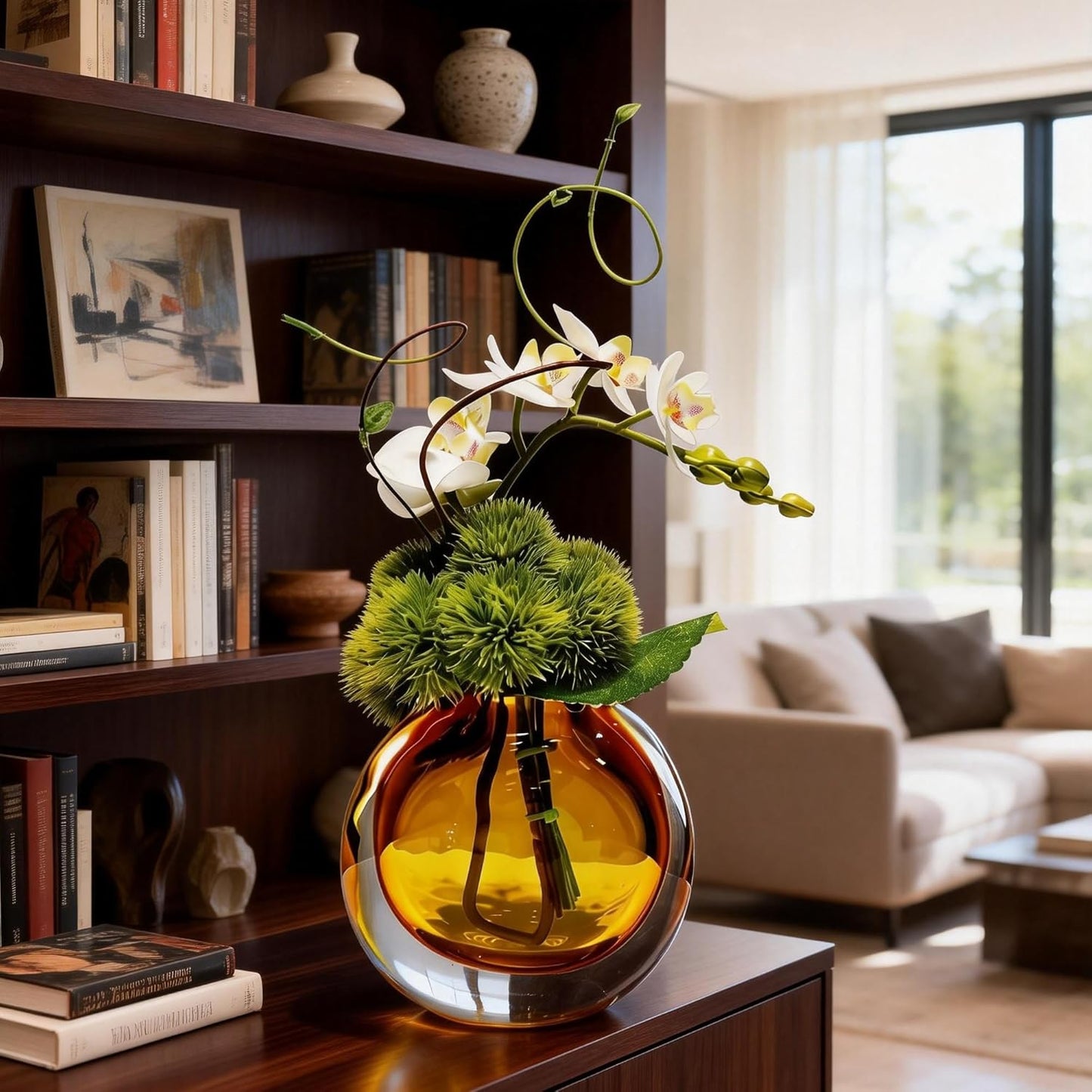 Artificial Orchids, White, in Translucent Bubble Glass Vase, Amber | Look Real, Realistic Appearance, Flower Arrangement